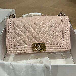 Chanel Caviar Leather Medium Boy Bag Chevron Pink with Gold Hardware